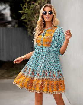 SALE - Bohemian Dream Turquoise Floral Print Tie Neck Puffed Sleeve Dress