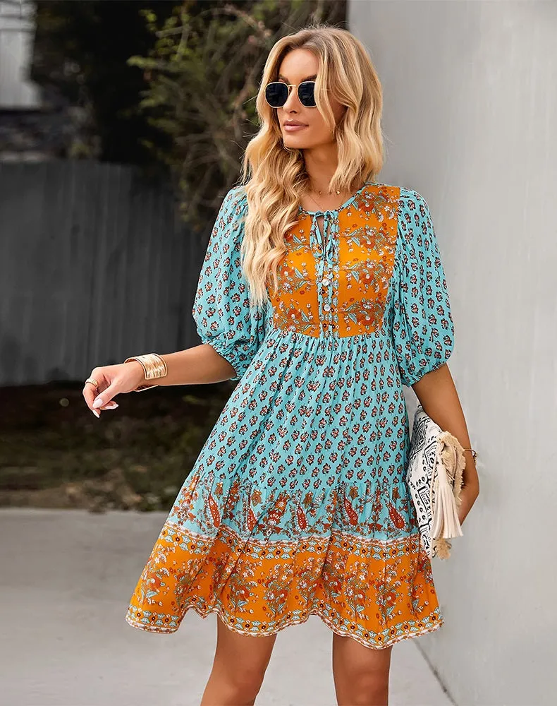 SALE - Bohemian Dream Turquoise Floral Print Tie Neck Puffed Sleeve Dress