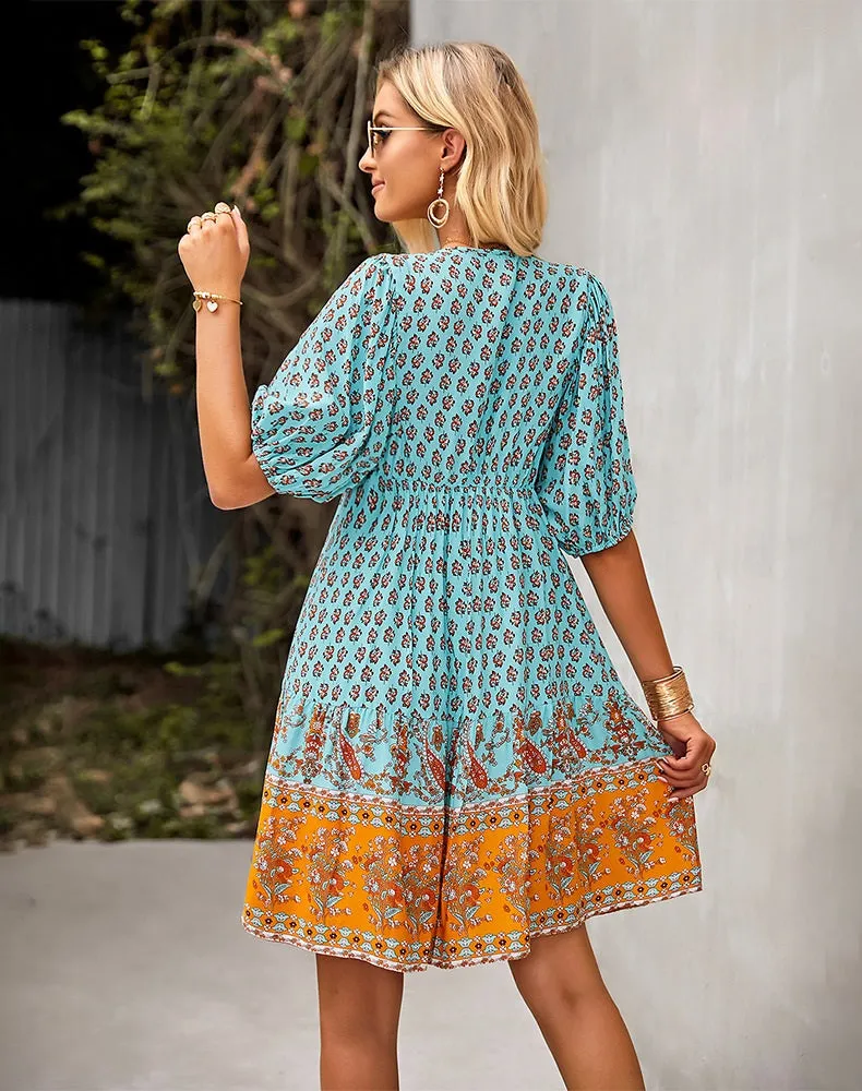 SALE - Bohemian Dream Turquoise Floral Print Tie Neck Puffed Sleeve Dress