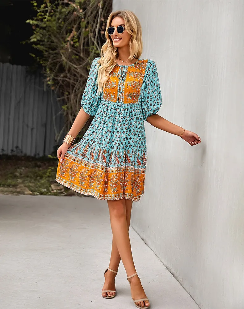 SALE - Bohemian Dream Turquoise Floral Print Tie Neck Puffed Sleeve Dress