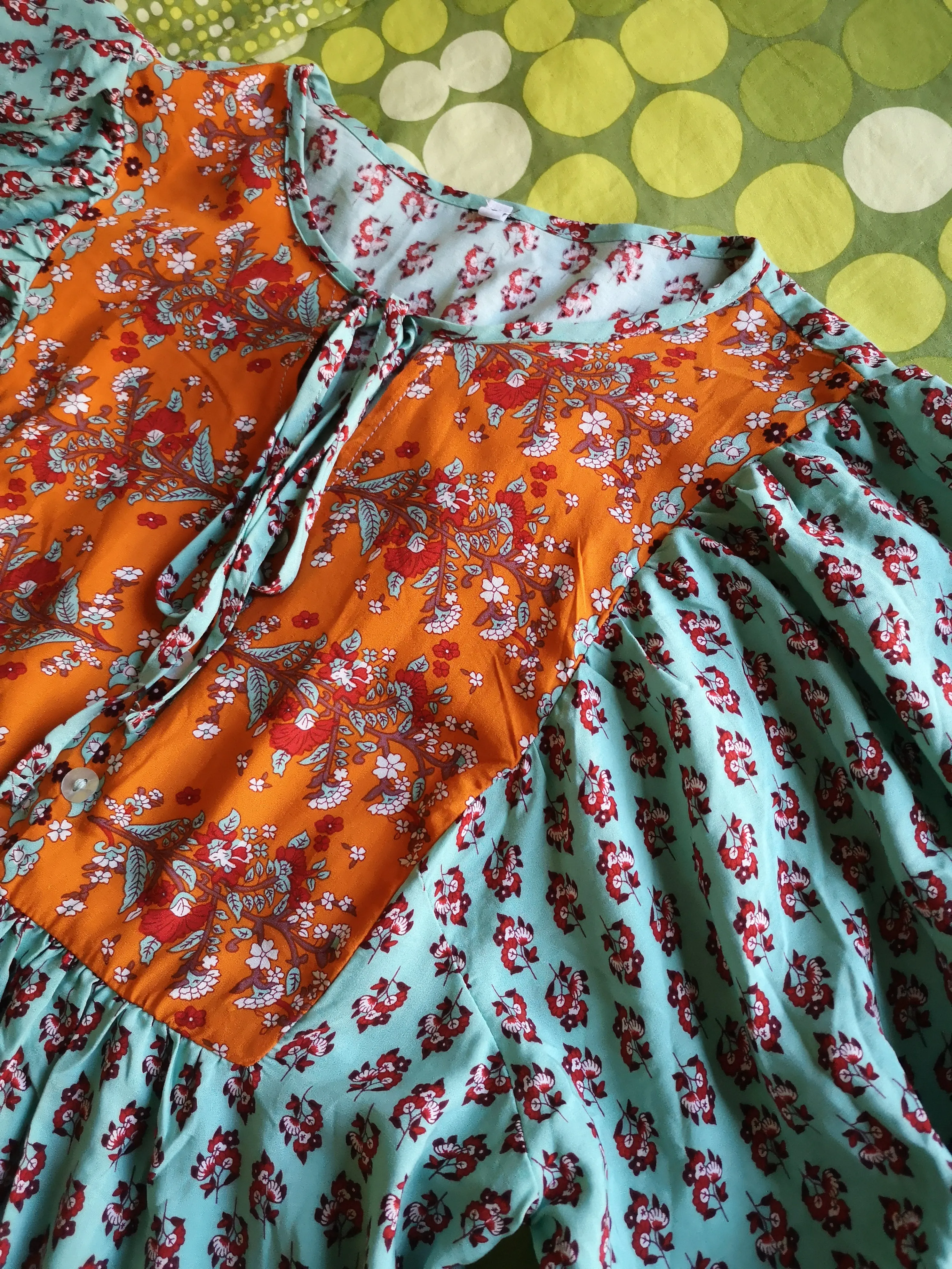 SALE - Bohemian Dream Turquoise Floral Print Tie Neck Puffed Sleeve Dress