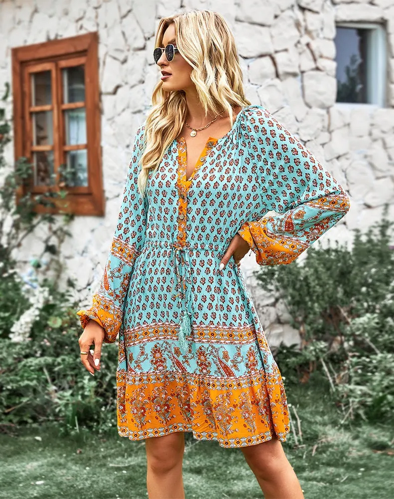 SALE - Bohemian Dream Turquoise Floral Print Tie Neck Puffed Sleeve Dress