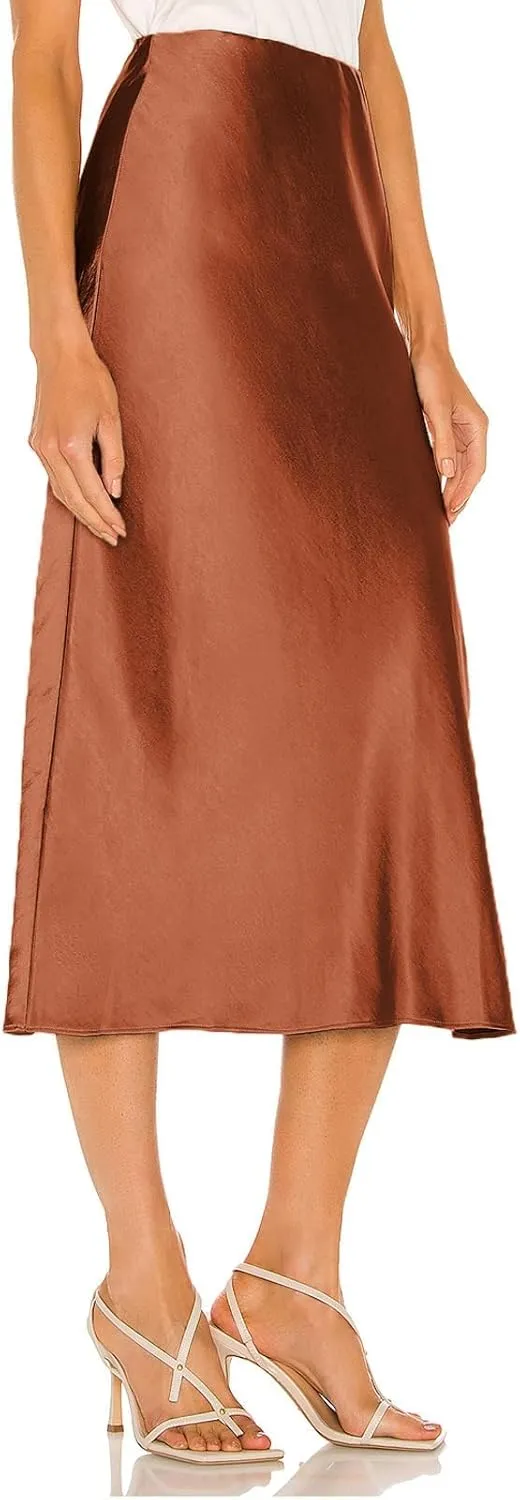Satin High Waisted Midi Skirt Elastic Waistband Side Slit A Line Wedding Casual Skirts for Women