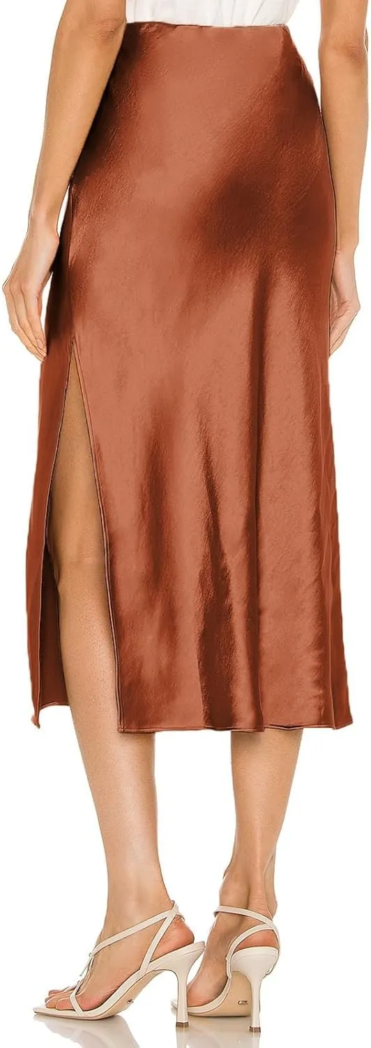 Satin High Waisted Midi Skirt Elastic Waistband Side Slit A Line Wedding Casual Skirts for Women