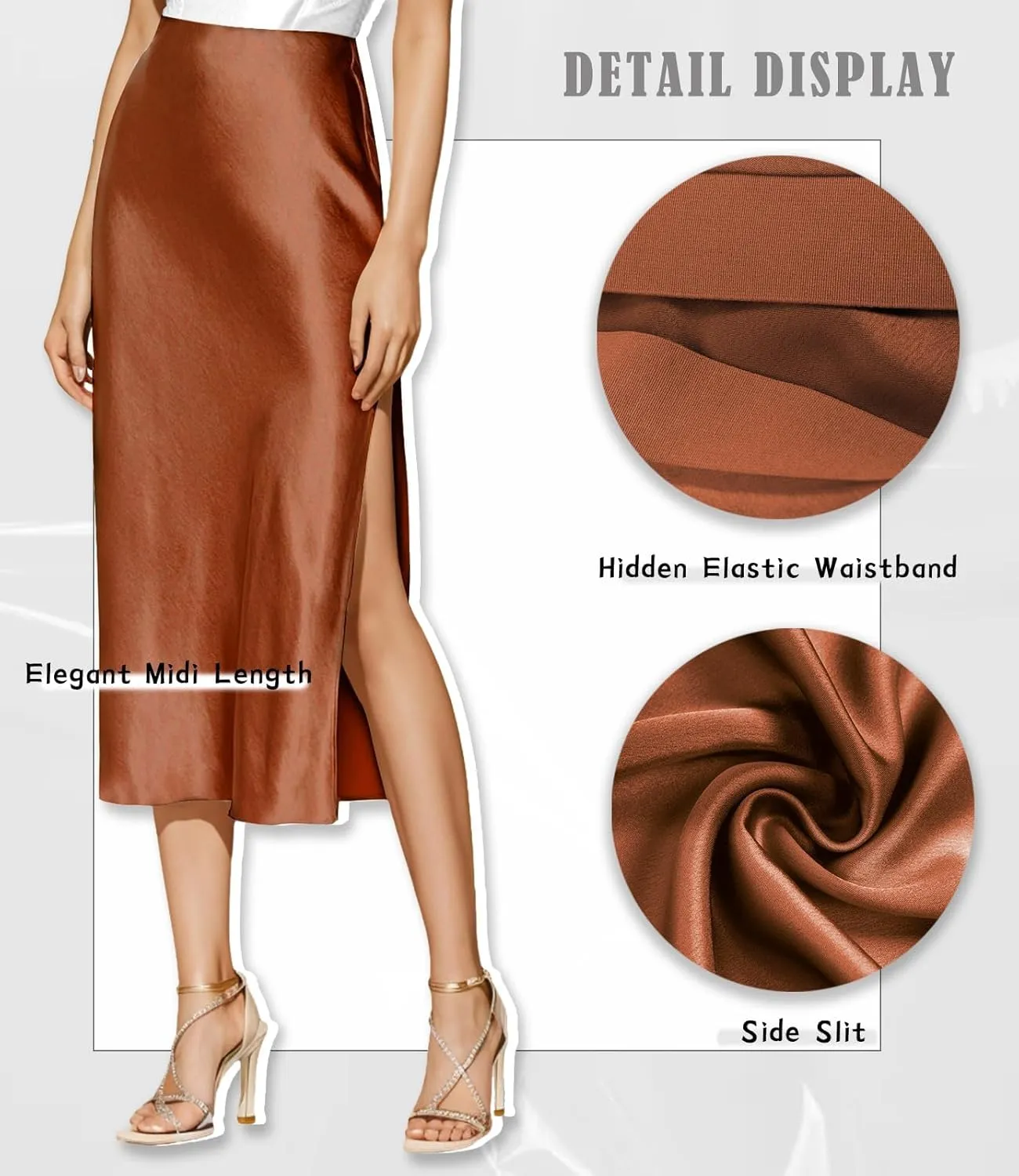 Satin High Waisted Midi Skirt Elastic Waistband Side Slit A Line Wedding Casual Skirts for Women