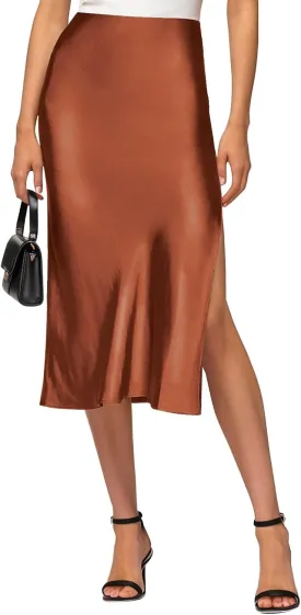 Satin High Waisted Midi Skirt Elastic Waistband Side Slit A Line Wedding Casual Skirts for Women