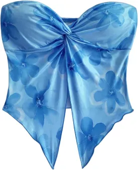SHENHE Women's Floral Crop Tube Top Twist Front Strapless Split Asymmetrical Boho Flowy Bandeau