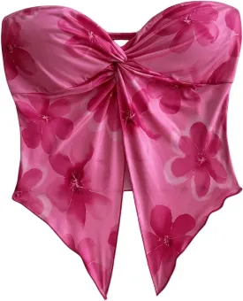 SHENHE Women's Floral Crop Tube Top Twist Front Strapless Split Asymmetrical Boho Flowy Bandeau