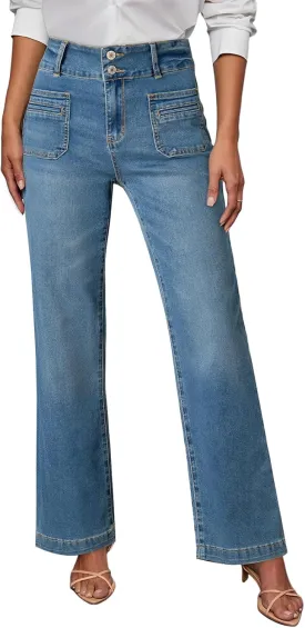 Sidefeel Women's Wide Leg Jeans High Waisted Tummy Control Stretchy Pockets Front Straight Leg Jeans