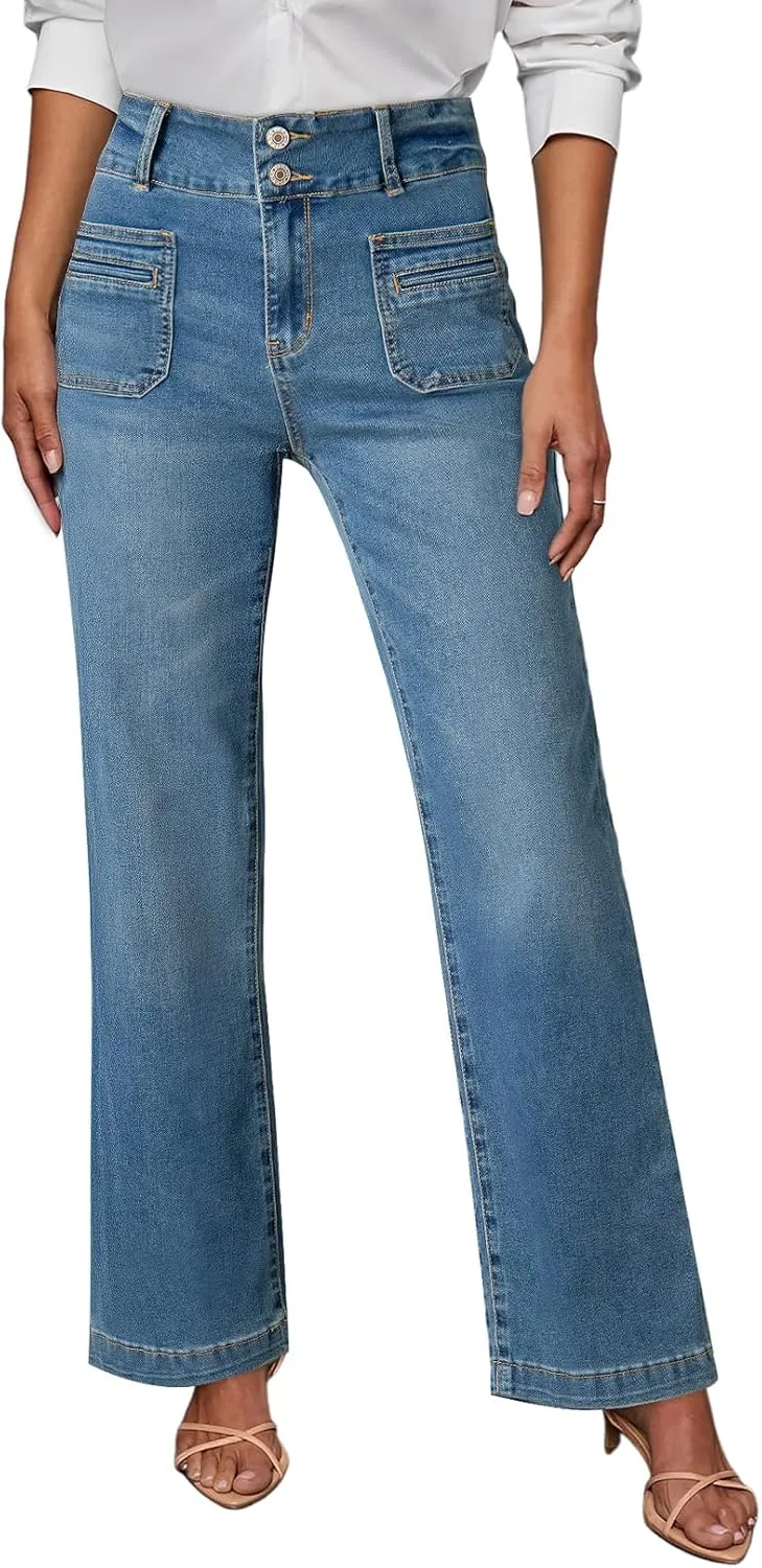Sidefeel Women's Wide Leg Jeans High Waisted Tummy Control Stretchy Pockets Front Straight Leg Jeans