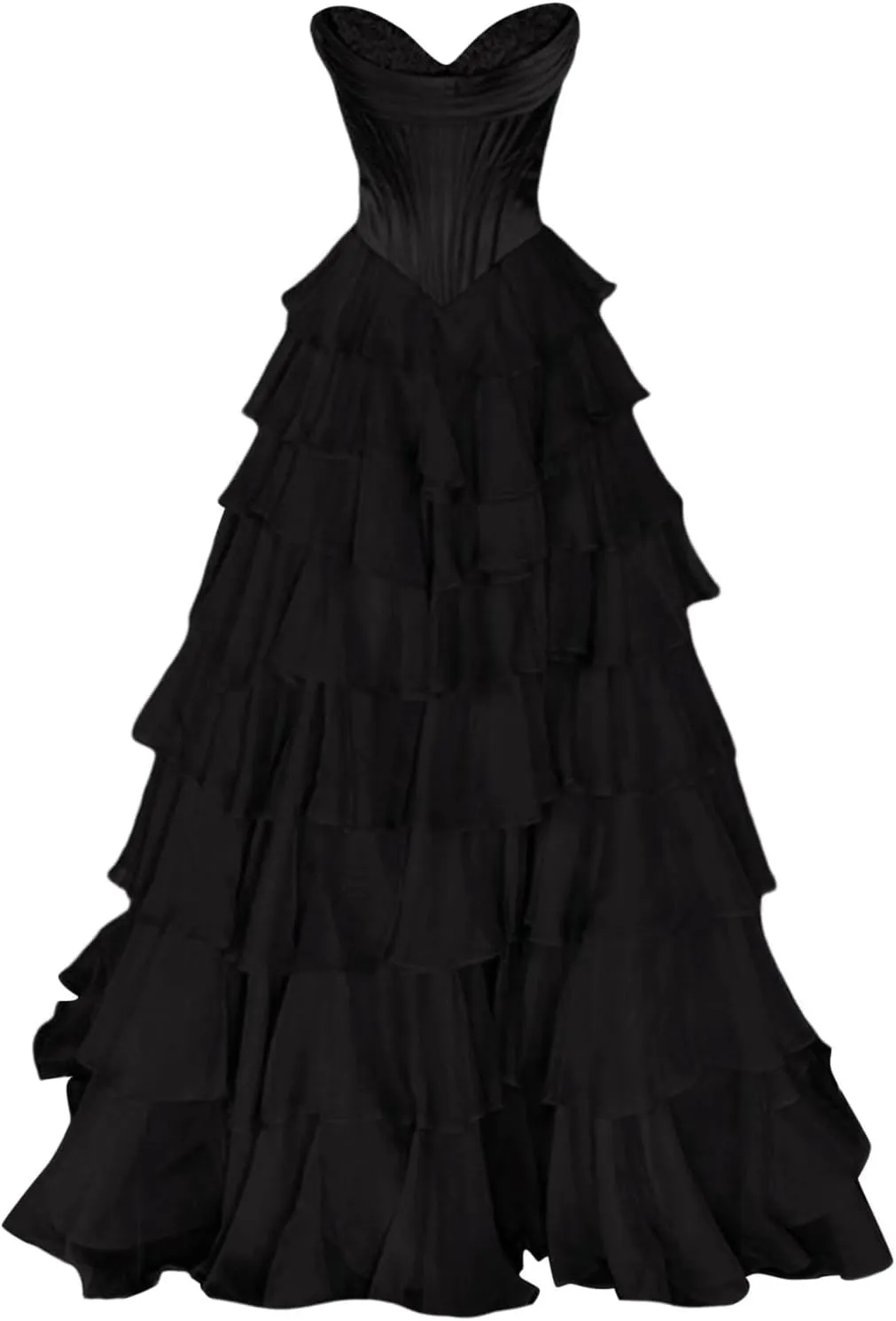 Strapless Corset Prom Dresses for Women Tiered Ruffle A Line Swing Long Dress Chiffon Slit Formal Evening Party Gown