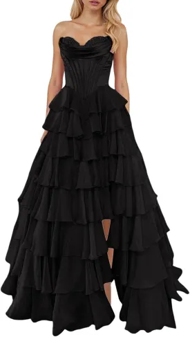 Strapless Corset Prom Dresses for Women Tiered Ruffle A Line Swing Long Dress Chiffon Slit Formal Evening Party Gown