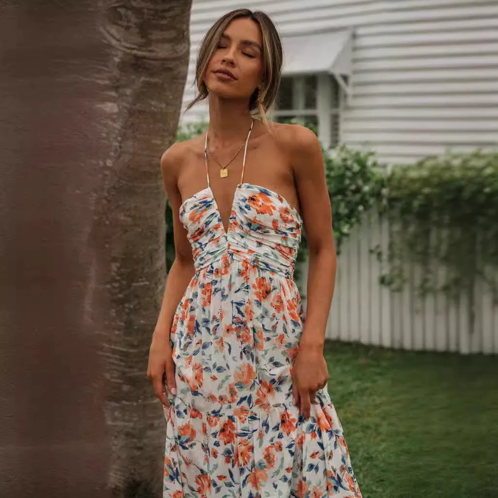 Summer Floral Print Spaghetti Strap V-neck Maxi Dress