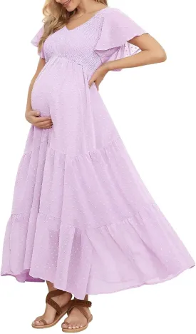 Swiss Dot Smocked Maternity Dress for Baby Shower Photoshoot Casual V Neck Ruffle Sleeve Empire Waist Tiered Boho Dress