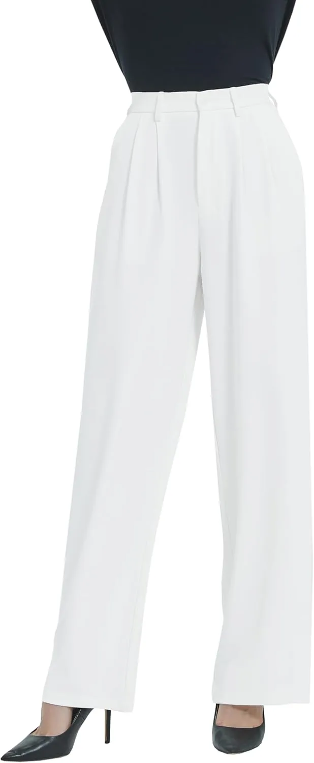 Tronjori Women High Waist Casual Straight Leg Dress Pants Office Work Trousers Suit Pants Back Elastic Waistband