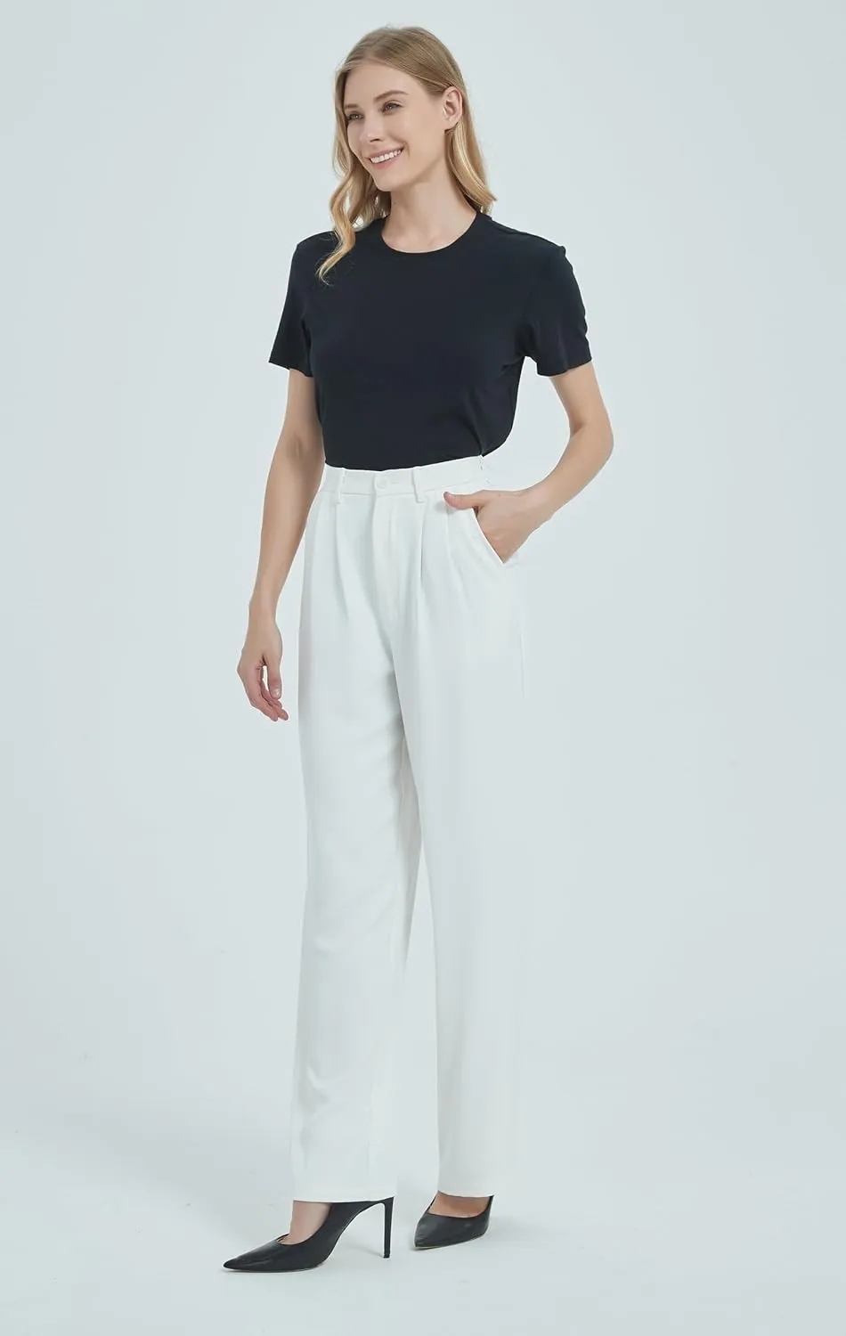 Tronjori Women High Waist Casual Straight Leg Dress Pants Office Work Trousers Suit Pants Back Elastic Waistband