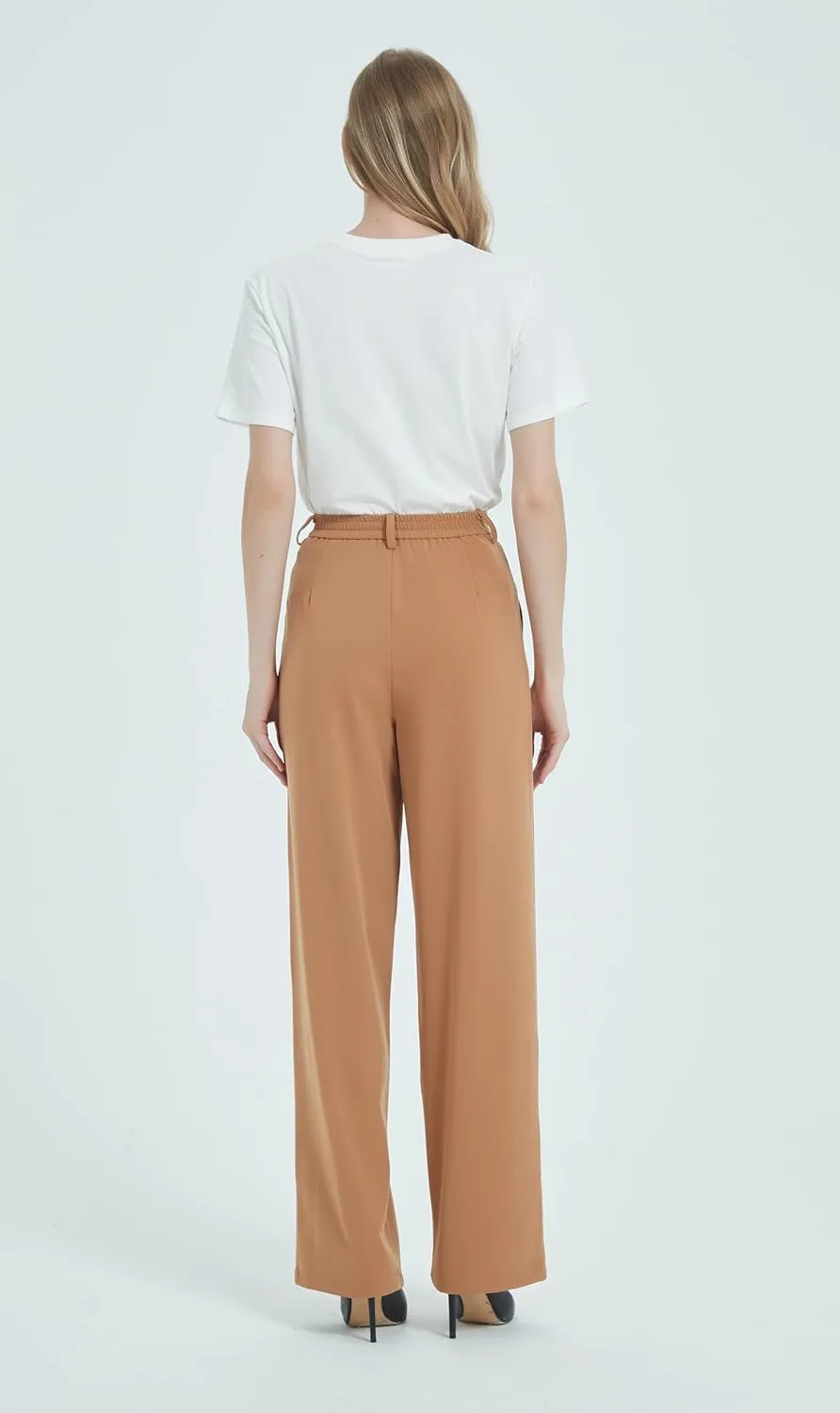 Tronjori Women High Waist Casual Straight Leg Dress Pants Office Work Trousers Suit Pants Back Elastic Waistband