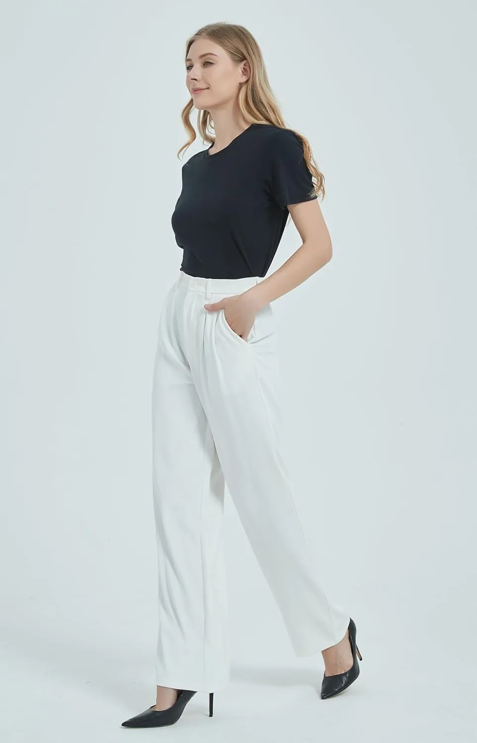 Tronjori Women High Waist Casual Straight Leg Dress Pants Office Work Trousers Suit Pants Back Elastic Waistband