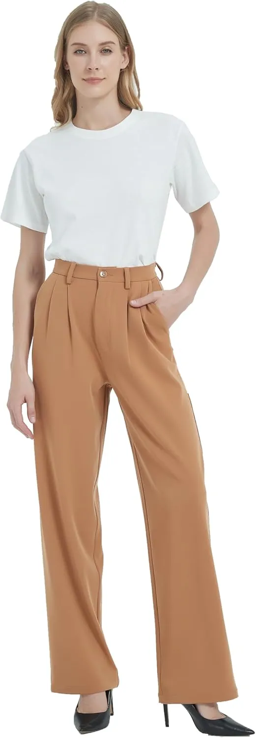 Tronjori Women High Waist Casual Straight Leg Dress Pants Office Work Trousers Suit Pants Back Elastic Waistband