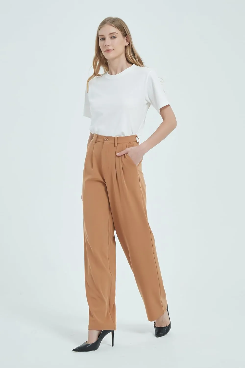 Tronjori Women High Waist Casual Straight Leg Dress Pants Office Work Trousers Suit Pants Back Elastic Waistband