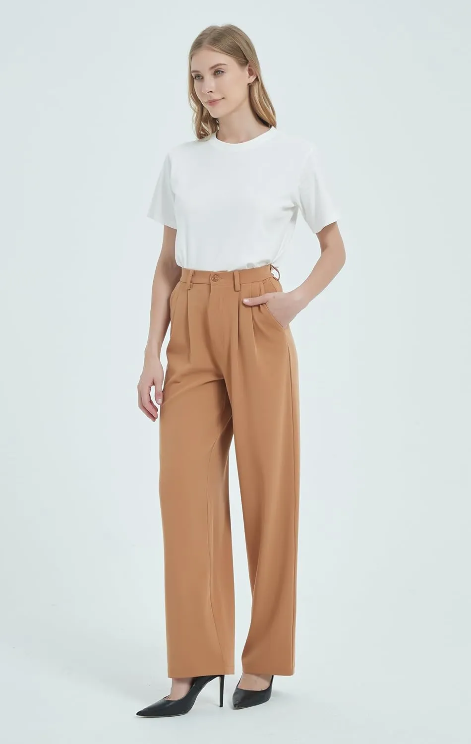 Tronjori Women High Waist Casual Straight Leg Dress Pants Office Work Trousers Suit Pants Back Elastic Waistband