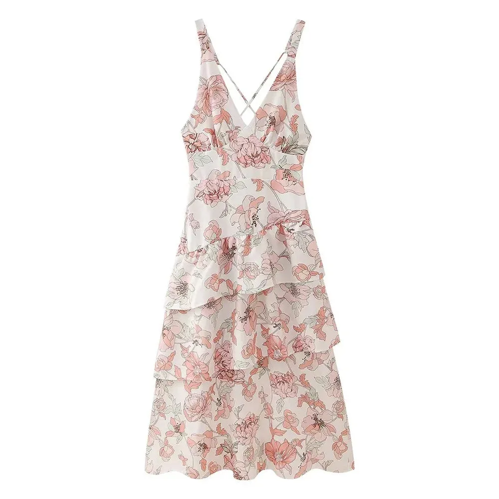 Uniwim Spring New Product Women's Fashion Simple V-neck Sleeveless Printed Cake Dress with Hanging Strap Dress