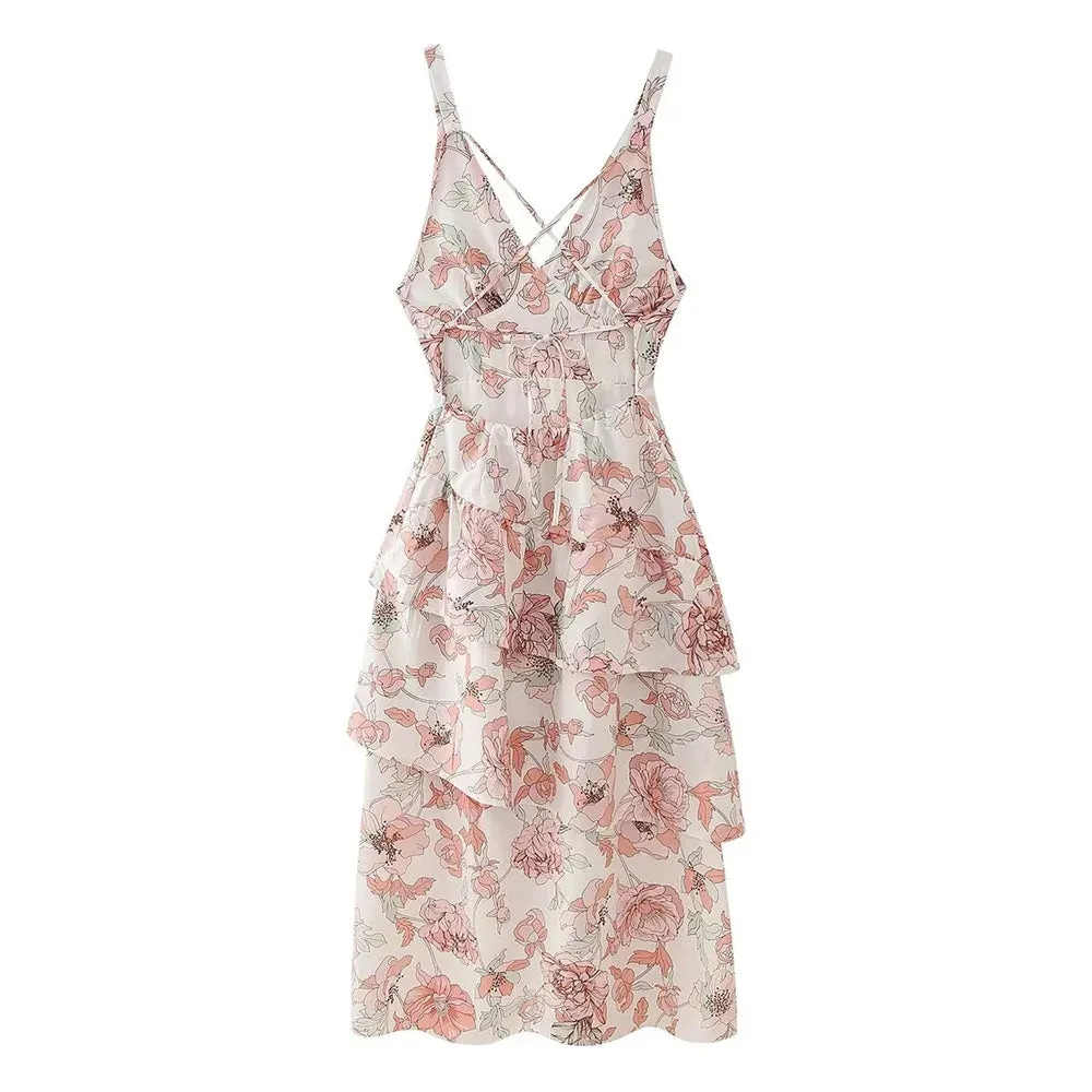 Uniwim Spring New Product Women's Fashion Simple V-neck Sleeveless Printed Cake Dress with Hanging Strap Dress