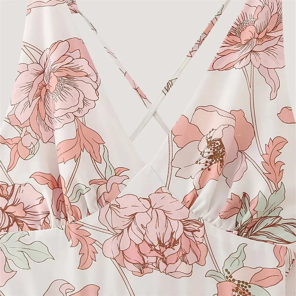 Uniwim Spring New Product Women's Fashion Simple V-neck Sleeveless Printed Cake Dress with Hanging Strap Dress