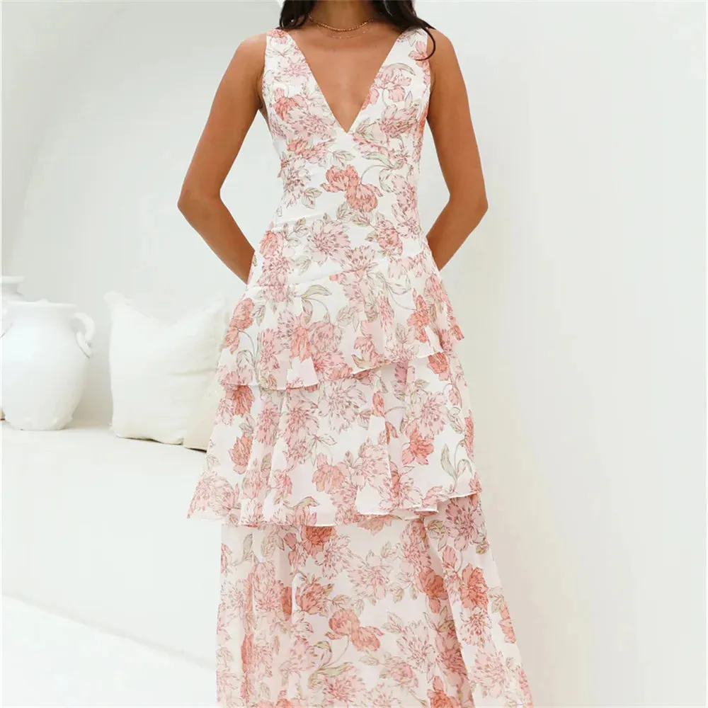 Uniwim Spring New Product Women's Fashion Simple V-neck Sleeveless Printed Cake Dress with Hanging Strap Dress