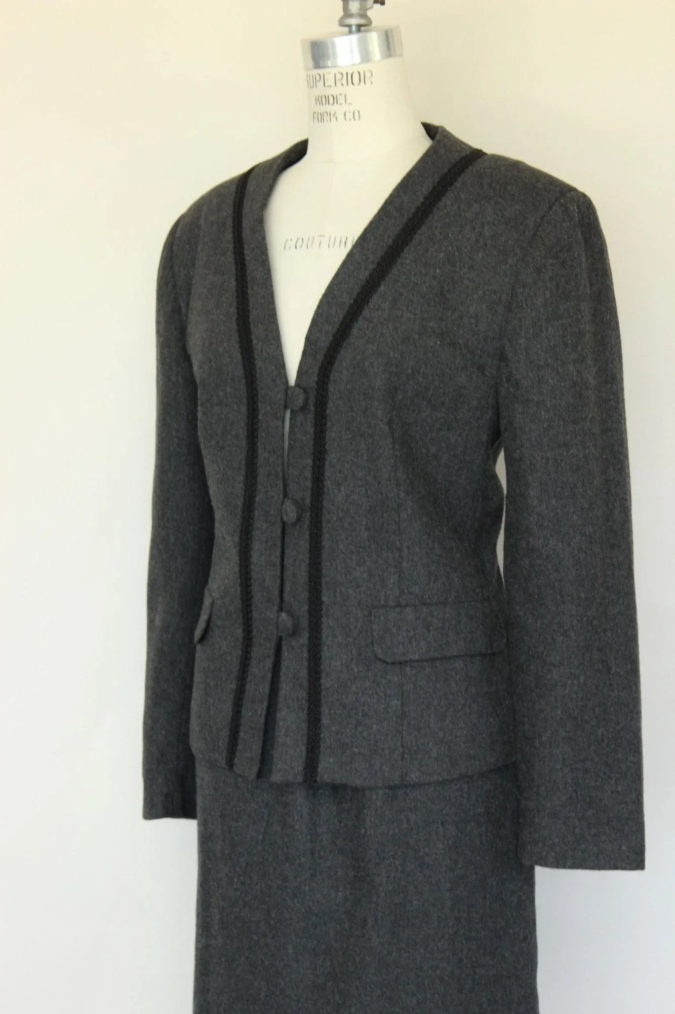 Vintage 1980s Womens Suit, Russ Gray Wool Skirt And Jacket, Shoulder Pads Braided Trim
