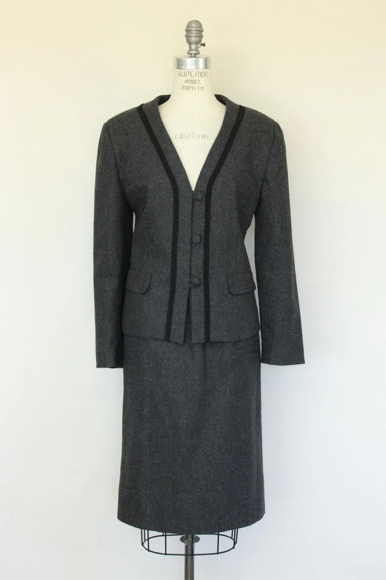 Vintage 1980s Womens Suit, Russ Gray Wool Skirt And Jacket, Shoulder Pads Braided Trim