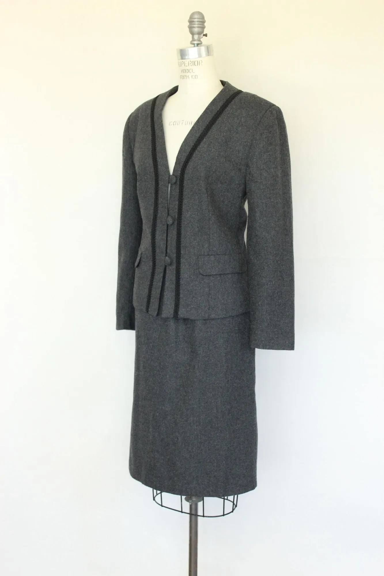 Vintage 1980s Womens Suit, Russ Gray Wool Skirt And Jacket, Shoulder Pads Braided Trim