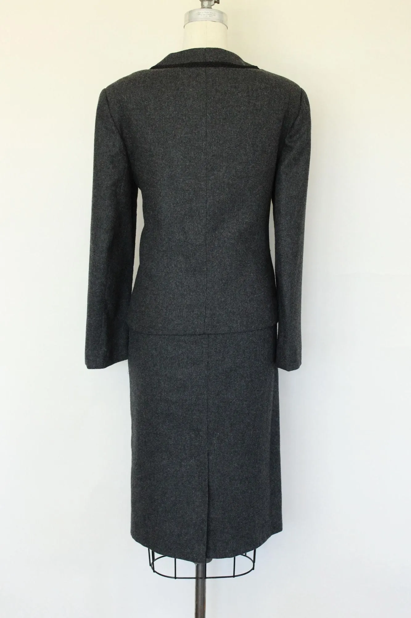 Vintage 1980s Womens Suit, Russ Gray Wool Skirt And Jacket, Shoulder Pads Braided Trim