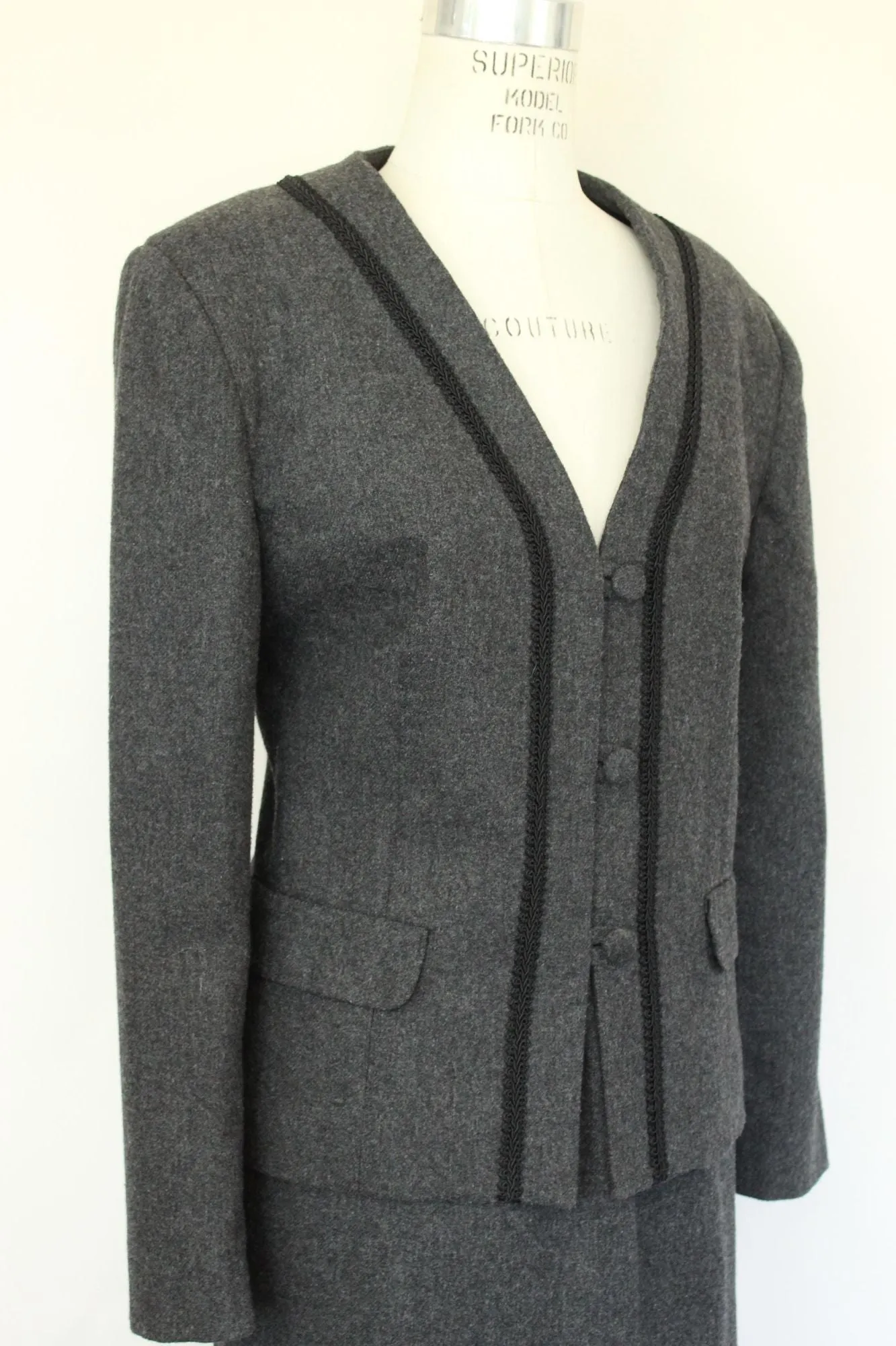 Vintage 1980s Womens Suit, Russ Gray Wool Skirt And Jacket, Shoulder Pads Braided Trim