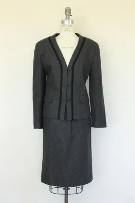 Vintage 1980s Womens Suit, Russ Gray Wool Skirt And Jacket, Shoulder Pads Braided Trim