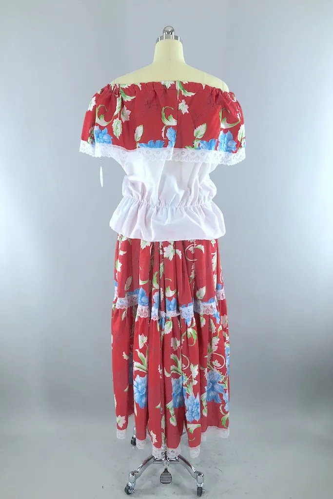 Vintage Mexican Red Floral Dress Set