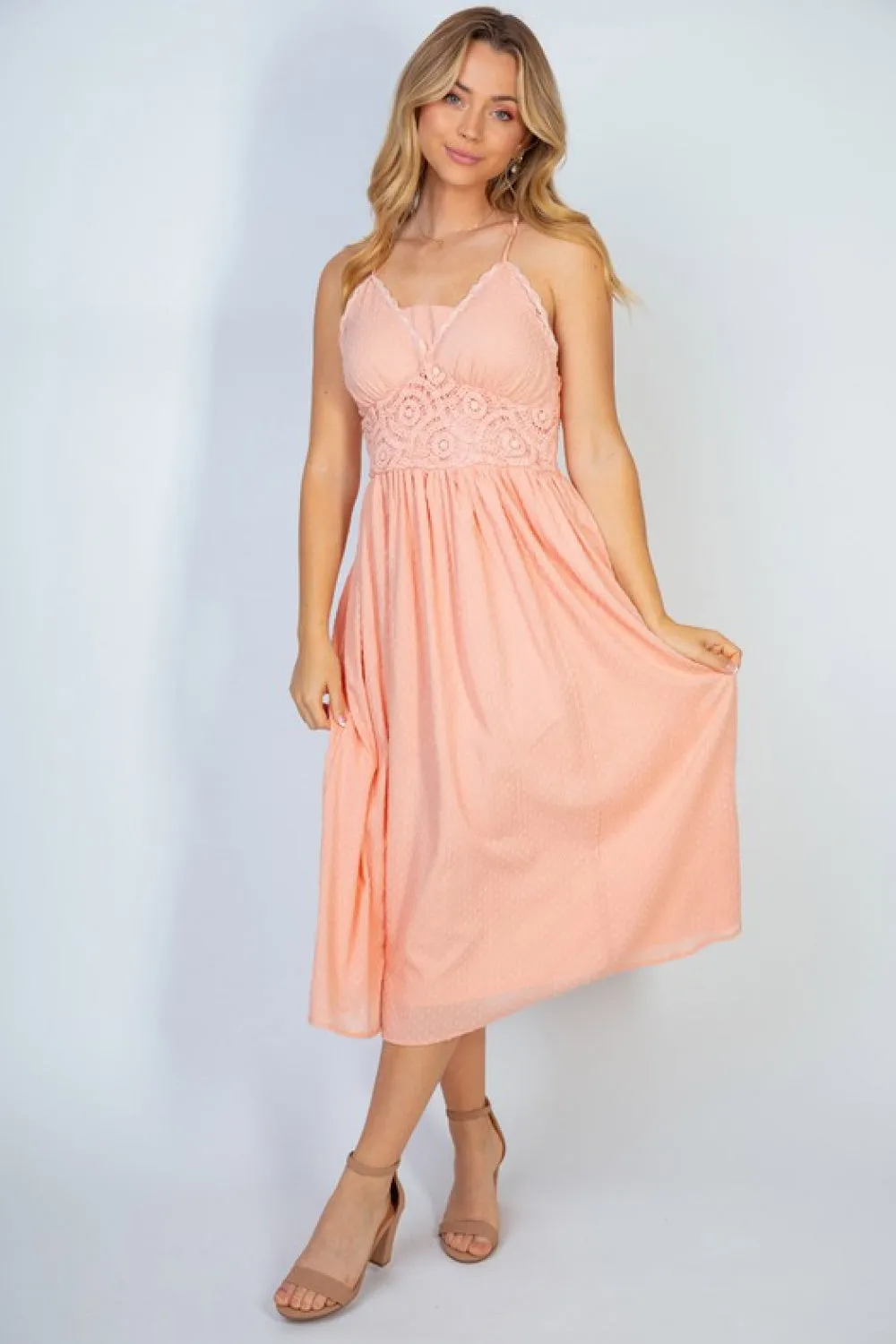 White Birch Angelic Vibes Full Size Sleeveless Midi Dress in Peach