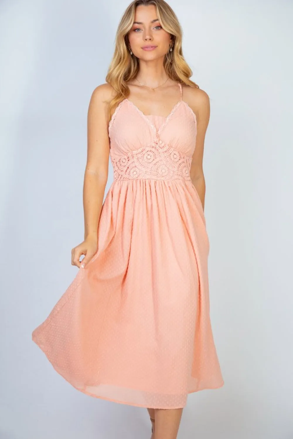 White Birch Angelic Vibes Full Size Sleeveless Midi Dress in Peach