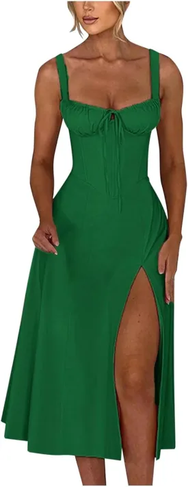 Women Summer Corset Dresses Lace up Pleated Front Slim High Slit Sling Sleeveless Dress Sexy Floral Midi Sundress