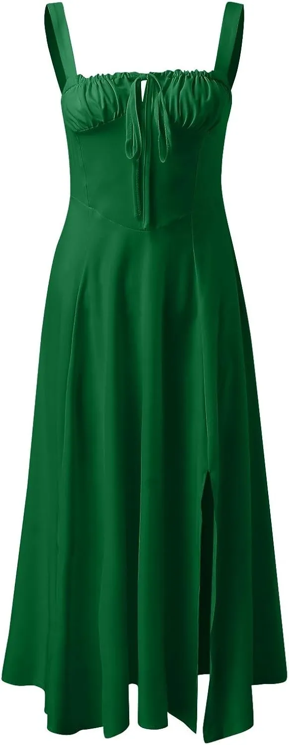 Women Summer Corset Dresses Lace up Pleated Front Slim High Slit Sling Sleeveless Dress Sexy Floral Midi Sundress