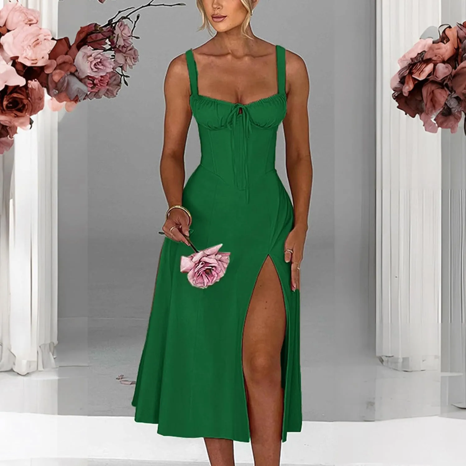 Women Summer Corset Dresses Lace up Pleated Front Slim High Slit Sling Sleeveless Dress Sexy Floral Midi Sundress