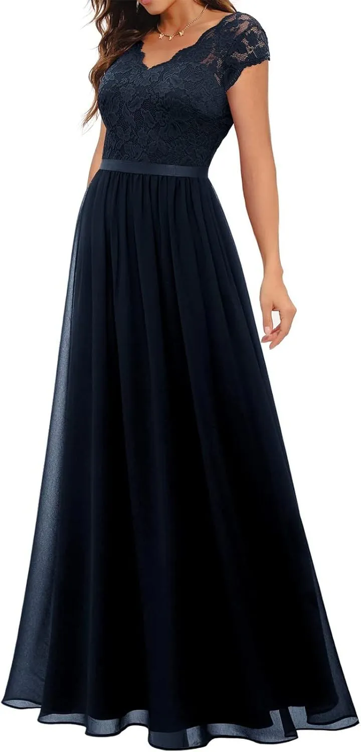 Women's Boho Lace Chiffon Bridesmaid Dresses for Wedding,2025 Elegant Long V Neck Formal Gowns Wedding Guest Dresses