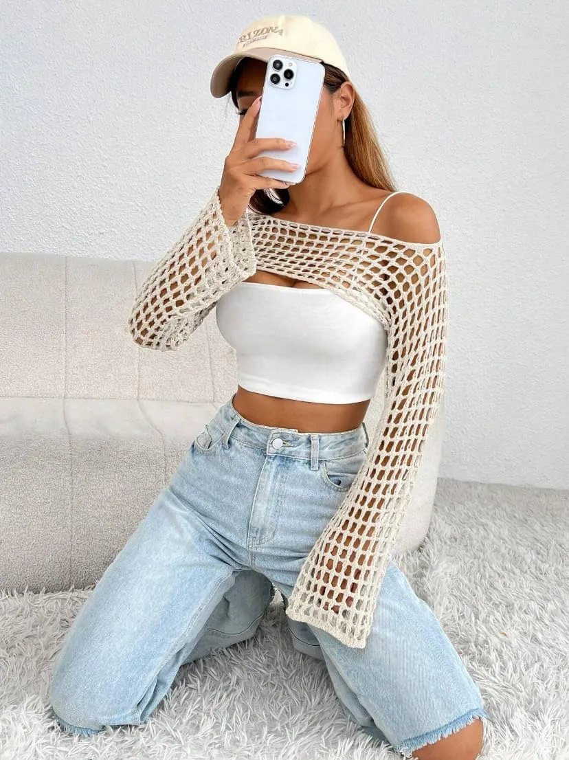 Womens Crochet Shrug Y2K Hollow Out Bolero Shrug See Through Cropped Knit Sweater Top