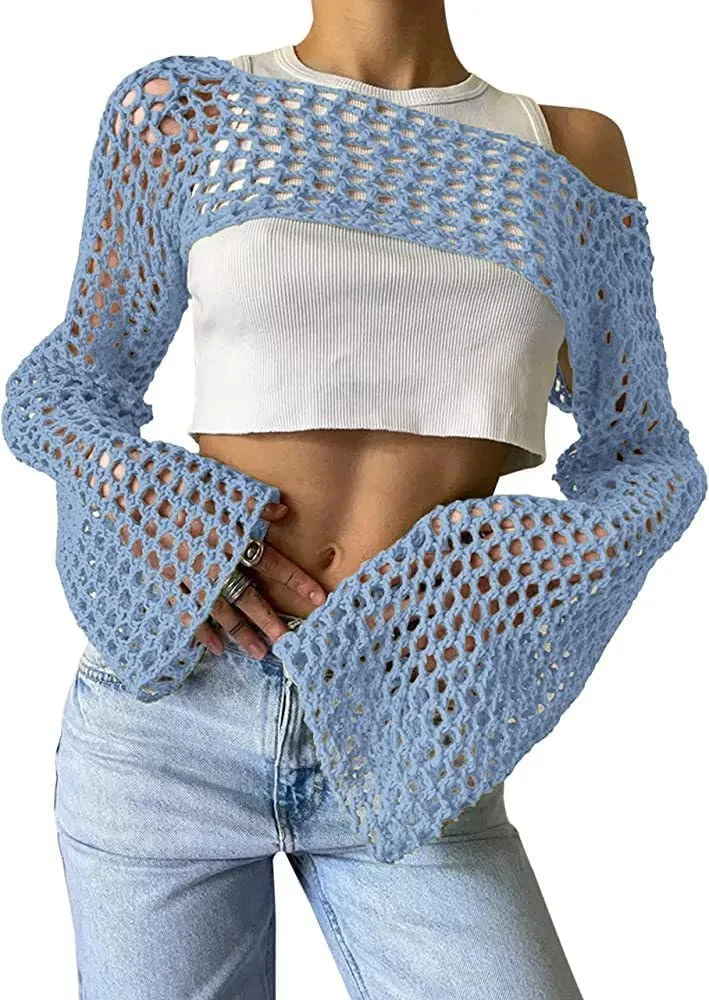 Womens Crochet Shrug Y2K Hollow Out Bolero Shrug See Through Cropped Knit Sweater Top