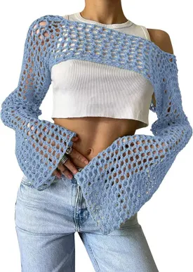 Womens Crochet Shrug Y2K Hollow Out Bolero Shrug See Through Cropped Knit Sweater Top