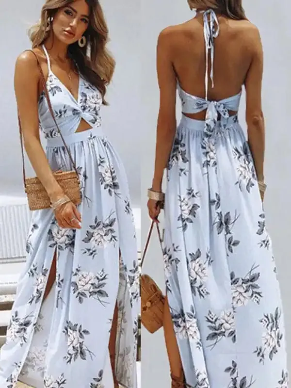 Women’s Halter V-neck Chiffon Print Dress Sexy Split Beach Dress