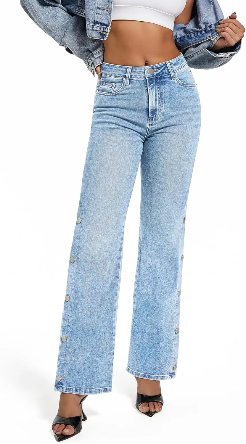 Womens Jeans Hig Waisted Straight Leg Loose Stretchy Tummy Control Trendy Side Slit Jeans for Women 2025