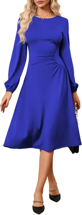 Women's Long Sleeve Midi Dress Round Neck Lantern Sleeve Vintage Church Dresses