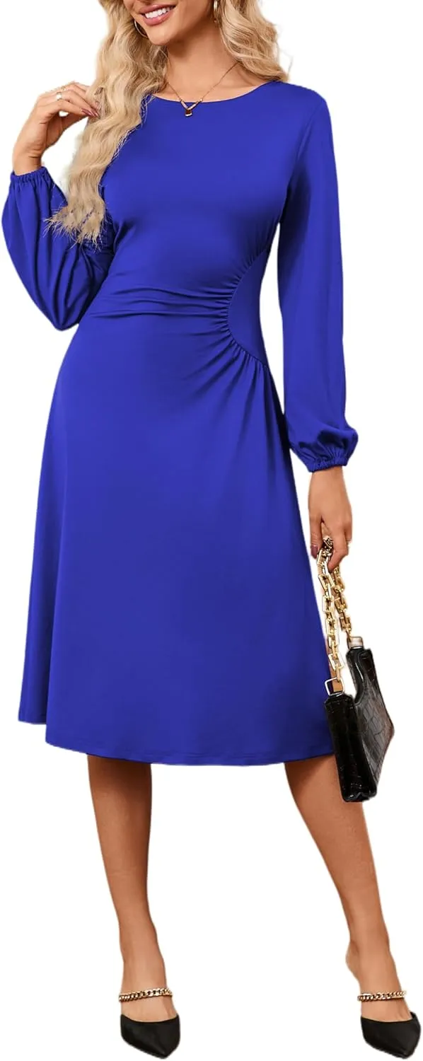 Women's Long Sleeve Midi Dress Round Neck Lantern Sleeve Vintage Church Dresses