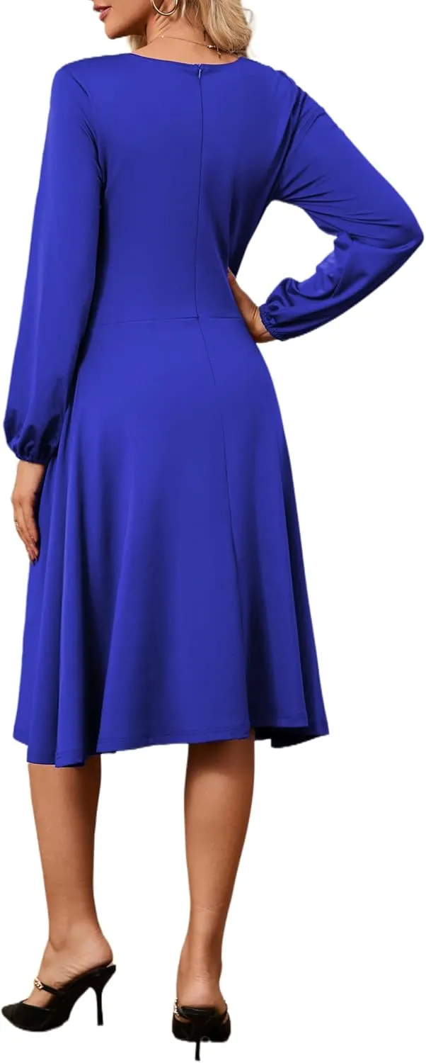 Women's Long Sleeve Midi Dress Round Neck Lantern Sleeve Vintage Church Dresses